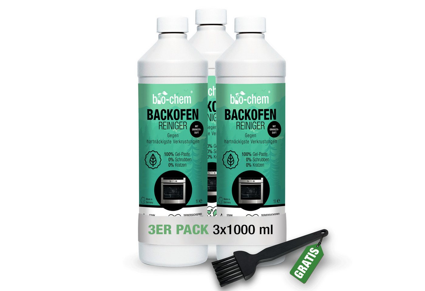 bio-chem Backofenreiniger 3x 1 l + Pinsel schwarz Küchenreiniger von bio-chem