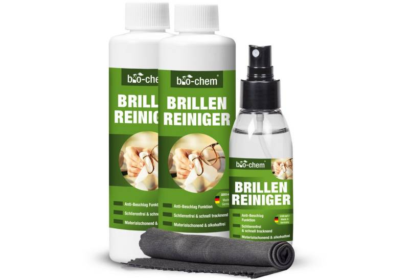 bio-chem Brillenreiniger Set 100 ml – Anti-Beschlag & Tuch Glasreiniger (Brillenreiniger 100 ml + 2x 250 ml + Mikrofasertuch) von bio-chem
