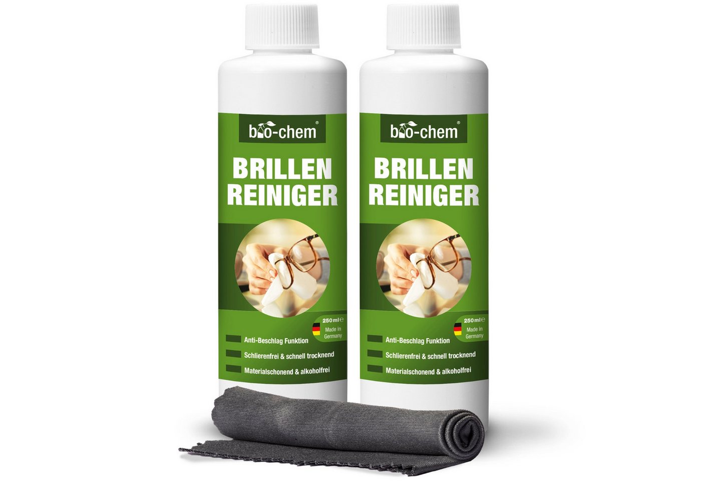 bio-chem Brillenreiniger Set 100 ml – Anti-Beschlag & Tuch Glasreiniger (Brillenreiniger 2x 250 ml + Mikrofasertuch) von bio-chem