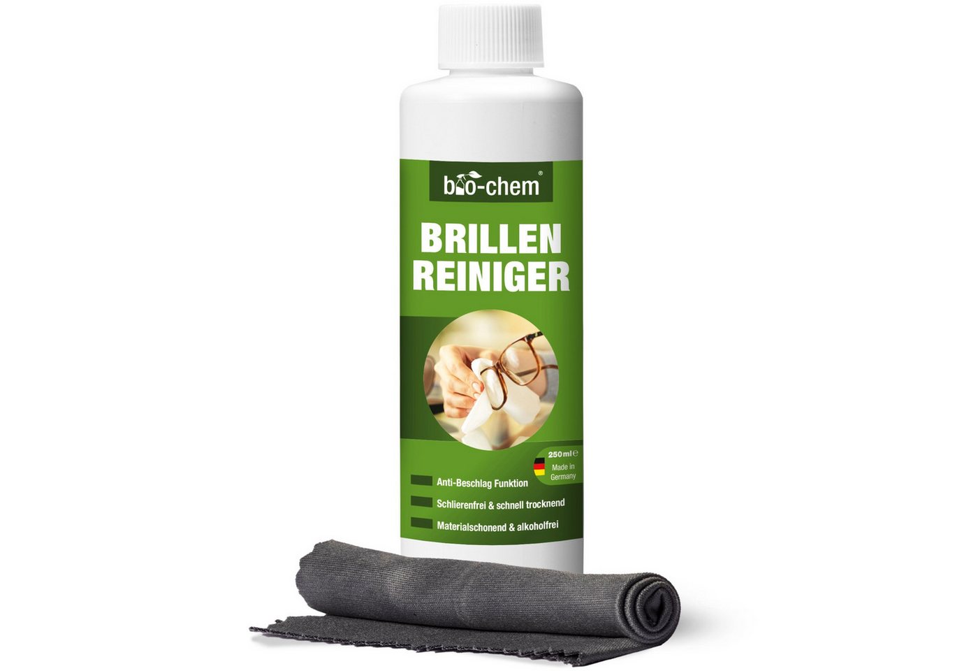 bio-chem Brillenreiniger Set 250 ml – Anti-Beschlag & Tuch Glasreiniger (Brillenreiniger 250 ml + Mikrofasertuch) von bio-chem