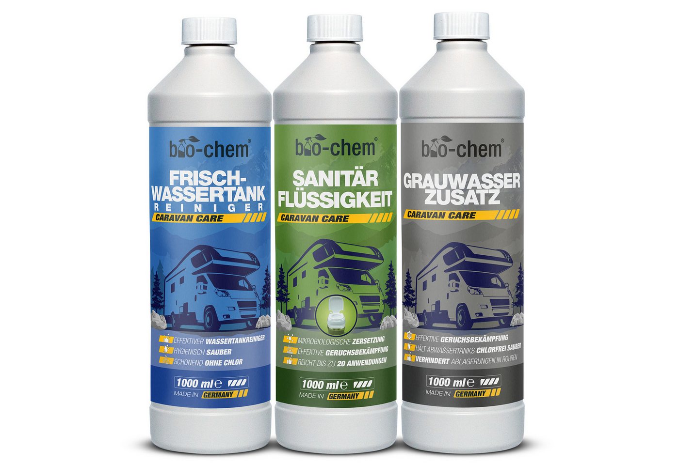 bio-chem bio-chem Hygiene-Set Camping: 3x1L Sanitär, Frisch- & Grauwasser Campingtoilettenreiniger (Grauwasserzusatz 1l Sanitärflüssigkeit 1l Frischwassertank-Reiniger 1l) von bio-chem