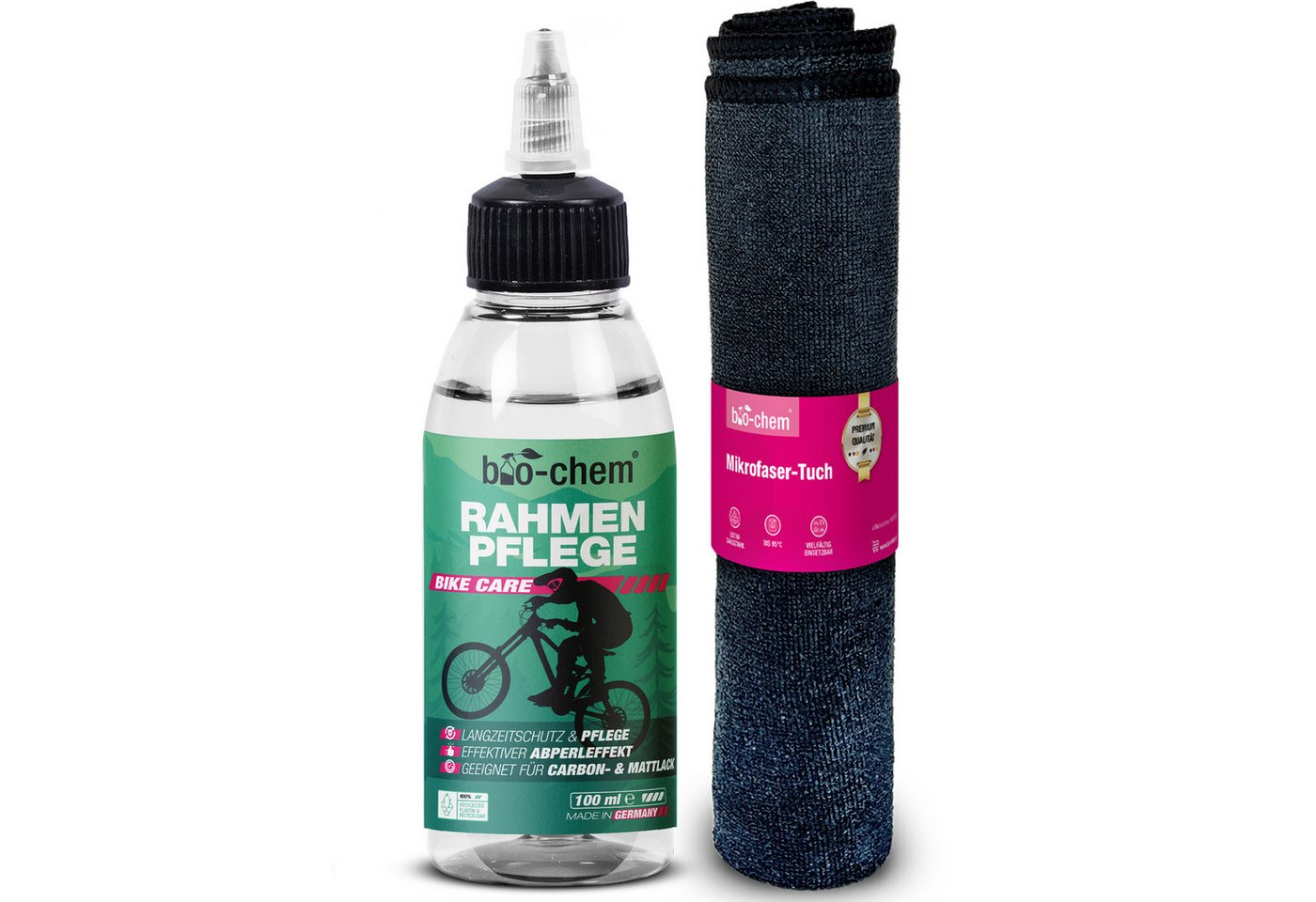bio-chem Fahrrad Rahmenpflege Imprägnierspray mit Abperleffekt 100 ML Zweiradreiniger (Einzelprodukt, [- Rahmenpflege 100 ml + Mikrofasertuch Schutz & Glanz mit langanhaltendem Abperleffekt) von bio-chem