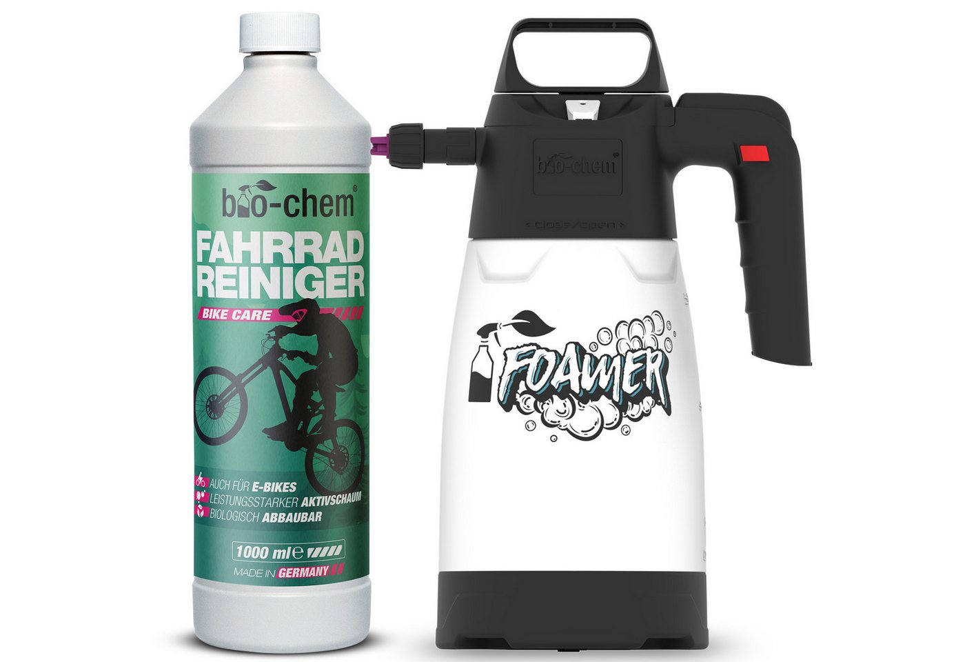 bio-chem Fahrradreiniger - 750 ML - biologisch abbaubarer Aktivschaum Zweiradreiniger (Sparpaket, [- Fahrradreiniger 1 L + Foamer Biologisch abbaubar & materialschonend) von bio-chem