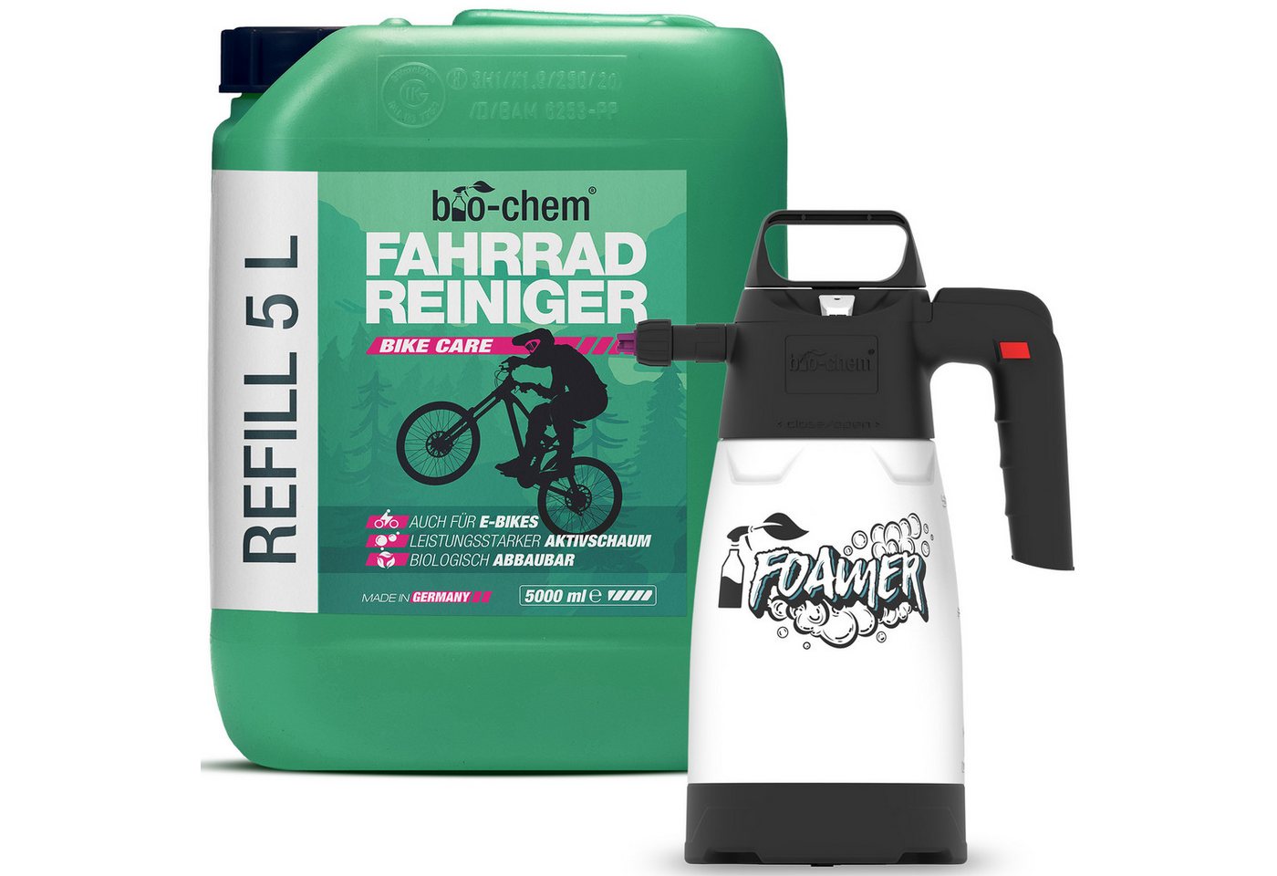 bio-chem Fahrradreiniger - 750 ML - biologisch abbaubarer Aktivschaum Zweiradreiniger (Sparpaket, [- Fahrradreiniger 5 l Kanister + 1.25 l Schaumsprüher Biologisch abbaubar & materialschonend) von bio-chem