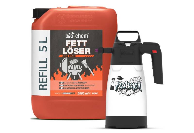 bio-chem Fettlöser mit Alu-Schutzformel - Effektiv, Materialschonend Grillreiniger (Sparpaket, [- Fettlöser 5 l Kanister + 1.25 l Schaumsprüher Materialschonend & lebensmittelecht) von bio-chem