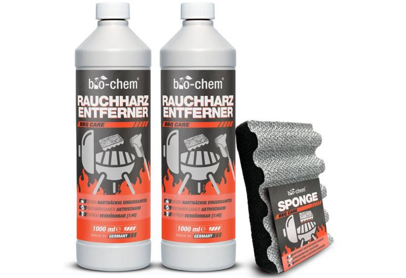 bio-chem Grillreiniger Rauchharzentferner extra stark gegen Eingebranntes 500ML Grillreiniger (Sparpaket, [- Rauchharz-Entferner 2x 1 L + Grill-Reinigungsschwamm Extreme Fettlösekraft für hartnäckigste Ablagerungen) von bio-chem