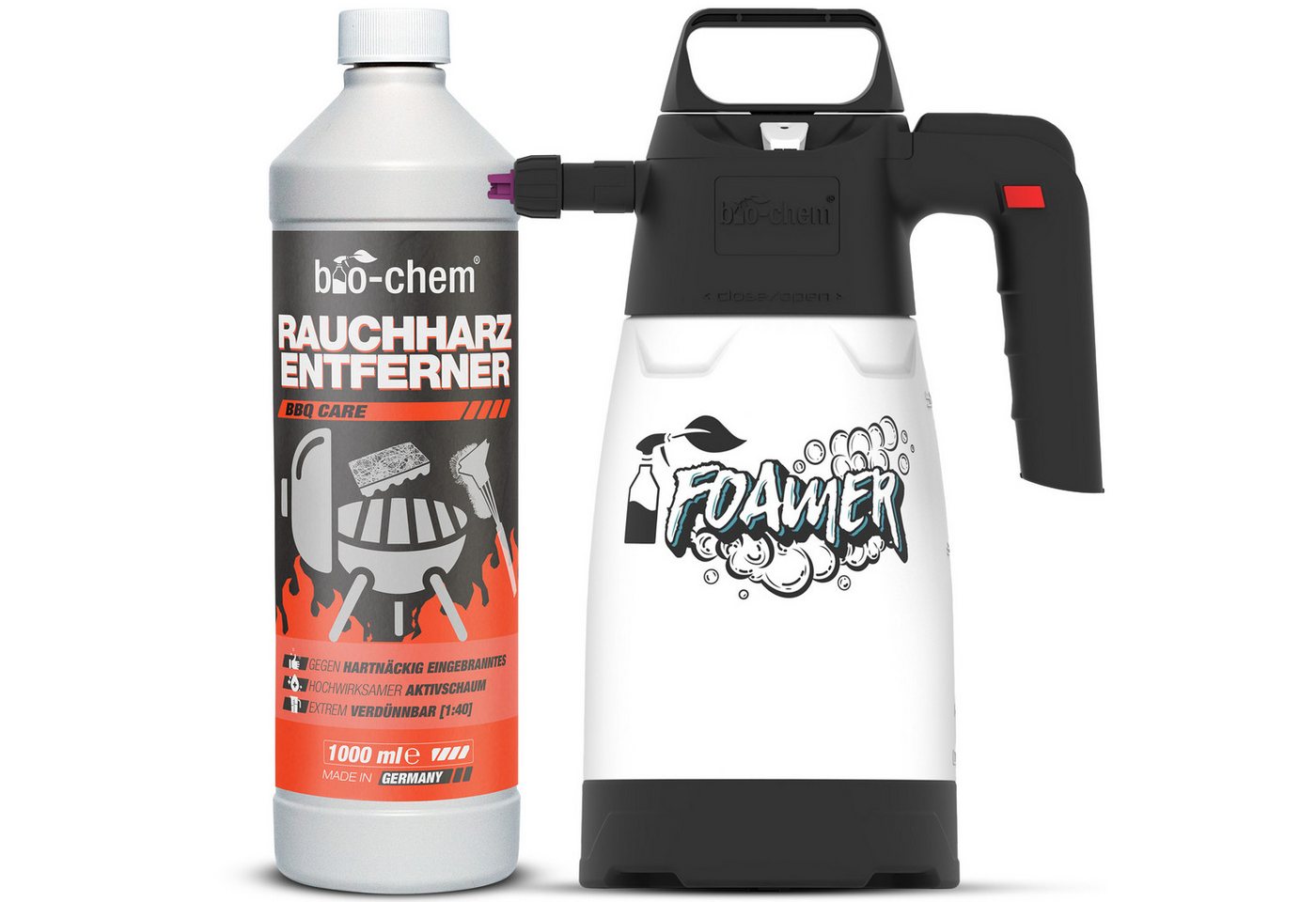 bio-chem Grillreiniger Rauchharzentferner gegen Eingebranntes 1L +Schaumsprüher Grillreiniger (Sparpaket, [- Rauchharz-Entferner 1 l + 1.25 l Schaumsprüher Extreme Fettlösekraft für hartnäckigste Ablagerungen) von bio-chem