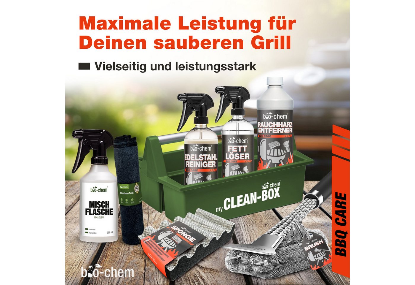 bio-chem Grillreiniger SET 8-teilig – Komplett-Set für Reinigung & Pflege Grillreiniger (Sparpaket, [- Grillreinigung PREMIUM-SET 8-teilig 8-teiliges Set mit Reinigern & Zubehör) von bio-chem