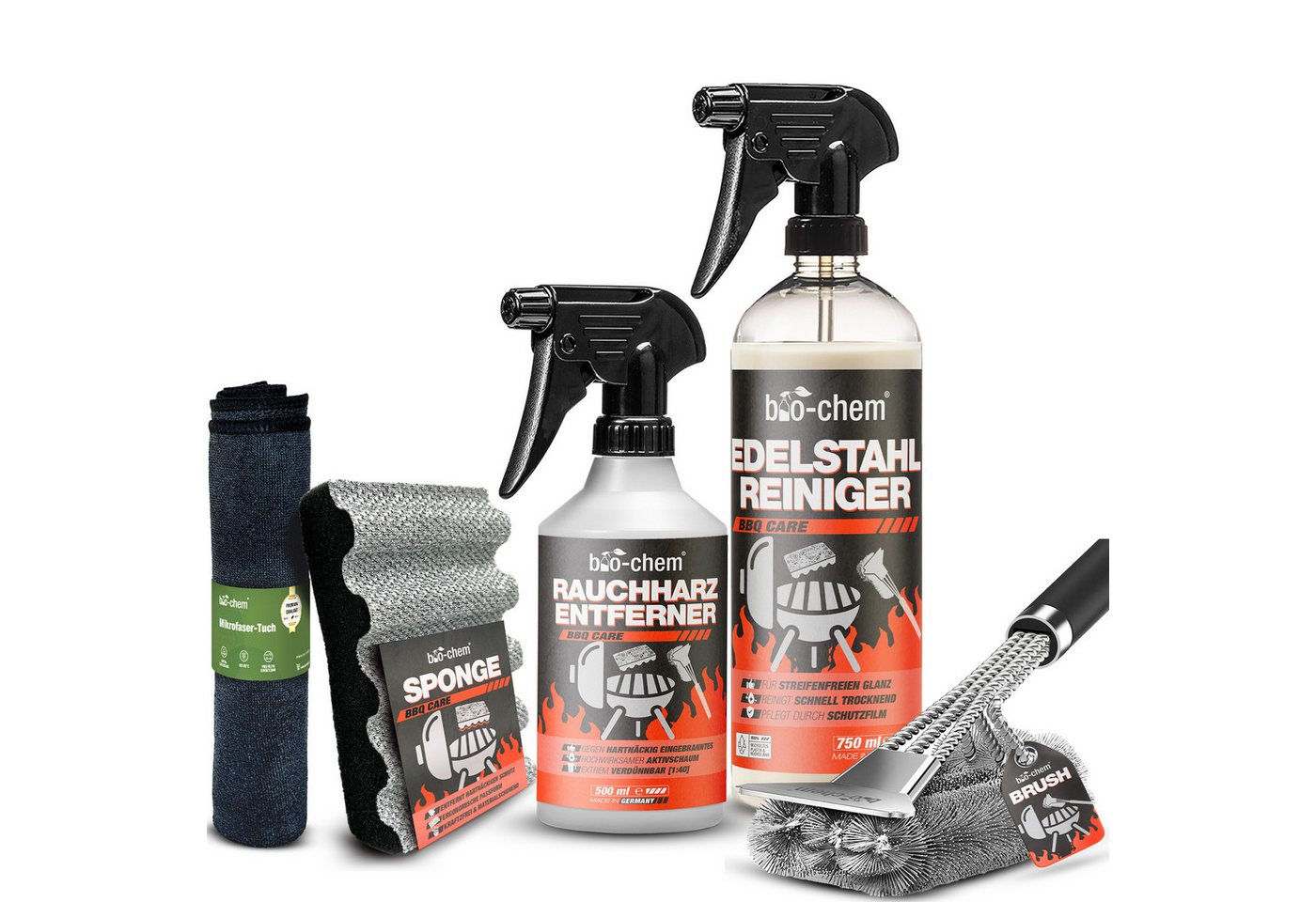 bio-chem Grillreiniger Set 5-teilig – Profi-Reinigung & Edelstahlreiniger Grillreiniger (Sparpaket, [- Rauchharz-Entferner, Edelstahl-Reiniger, Grillbürste, Schwamm, Tuch 4-teiliges Set mit Reinigern & Zubehör) von bio-chem
