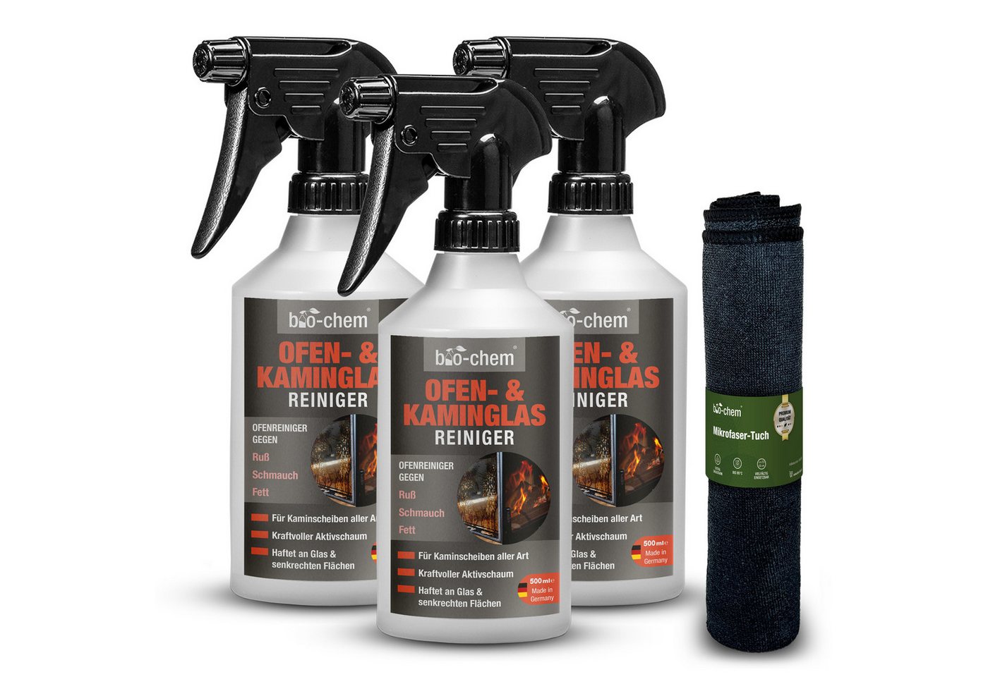 bio-chem Ofen- und Kaminglasreiniger Scheibenreiniger (Sparpaket, [- Ofen- und Kaminglasreiniger 3 x 0.5 l + Mikrofasertuch Haftender Aktivschaum für senkrechte Flächen) von bio-chem
