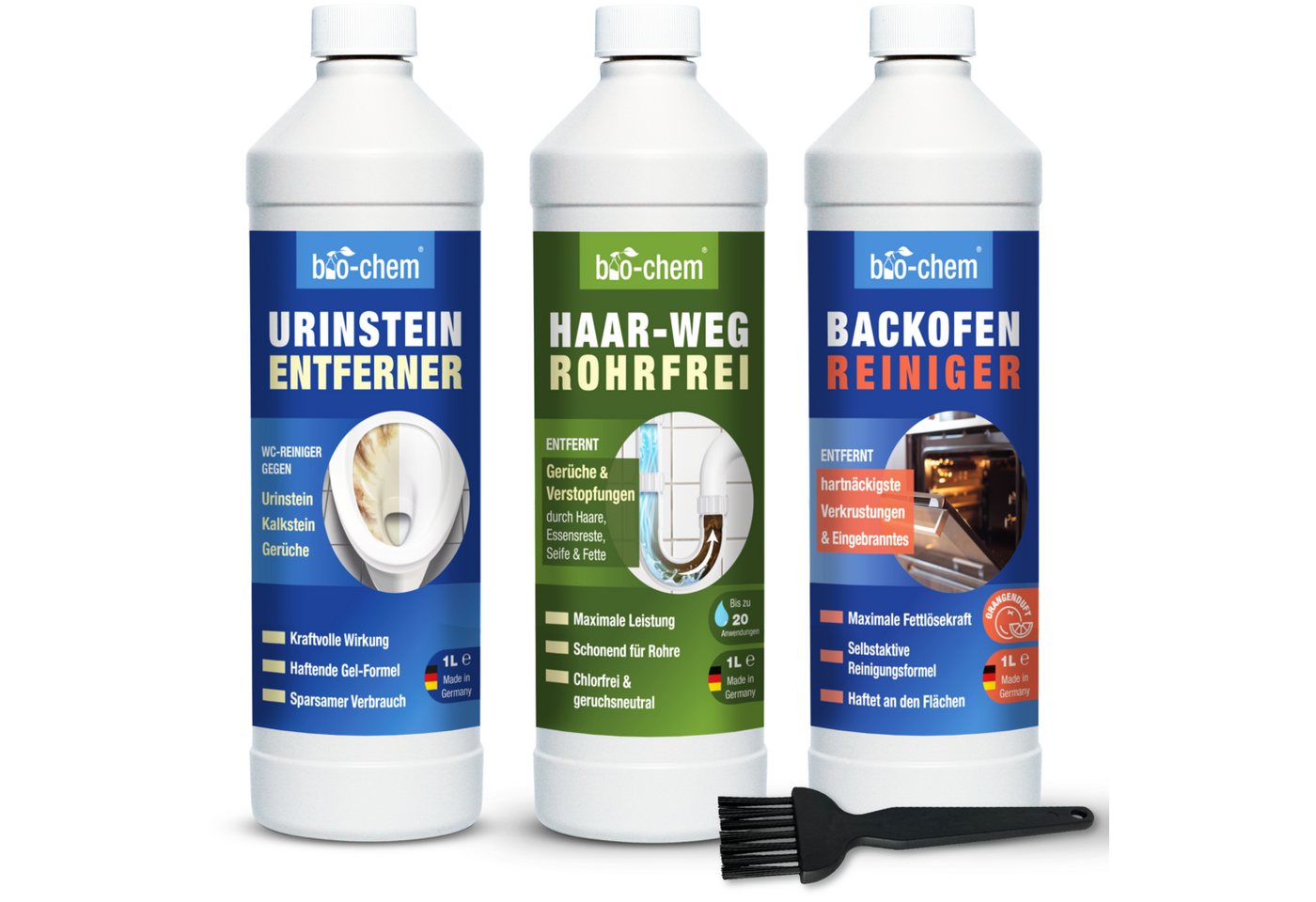 bio-chem Haushaltsreiniger Set 3-teilig – WC, Abfluss & Backofen – bio-chem Backofenreiniger (Haushalt Spezialreiniger BASIC-SET 3-teilig) von bio-chem