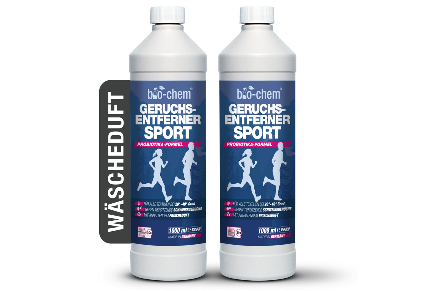 bio-chem Textilerfrischer Geruchsentferner & Wäscheduft Sport 2x 1 L - Probiotischer Waschzusatz (Geruchsentferner Sport 2x 1 l + Dosierbecher) von bio-chem