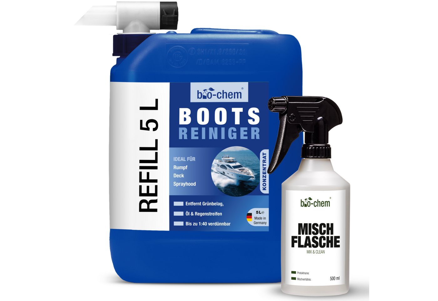 bio-chem bio-chem Bootsreiniger 5L + Zubehör für Boote &Yacht Kunststoffreiniger (Bootsreiniger SET 5 l Kanister + 0.5 l Mischflasche + Ablasshahn) von bio-chem