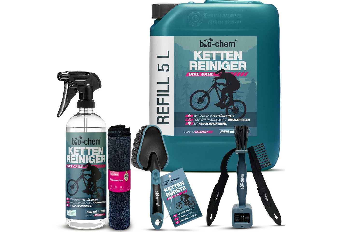 bio-chem bio-chem Kettenreiniger Fahrrad flüssig - 5 Liter inkl. Zubehör Zweiradreiniger (Sparpaket, [- Kettenreiniger 5 l Kanister + 0.75 l Handsprayflasche + Zubehör Lösemittelfreier Entfetter, materialschonend) von bio-chem