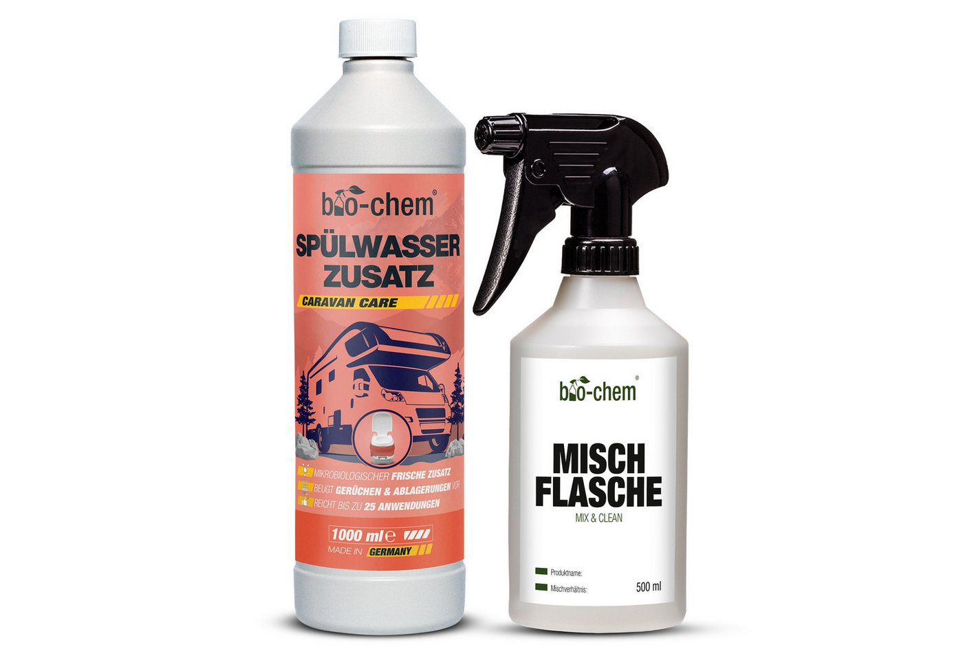 bio-chem bio-chem Spülwasser-Zusatz 1L – Rinse-Reiniger für Toilettentanks Campingtoilettenreiniger (Spülwasser-Zusatz SET 1 L + 0.5 l Handspray-Mischflasche) von bio-chem