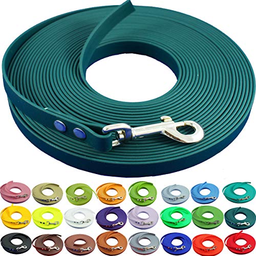 bio-leine Schleppleine 12 mm aus Beta BioThane® 10 Meter lang in Dunkelgrün ohne Handschlaufe für mittelgroße Hunde, schmutz- und Wasserabweisende Hundeleine von bio-leine