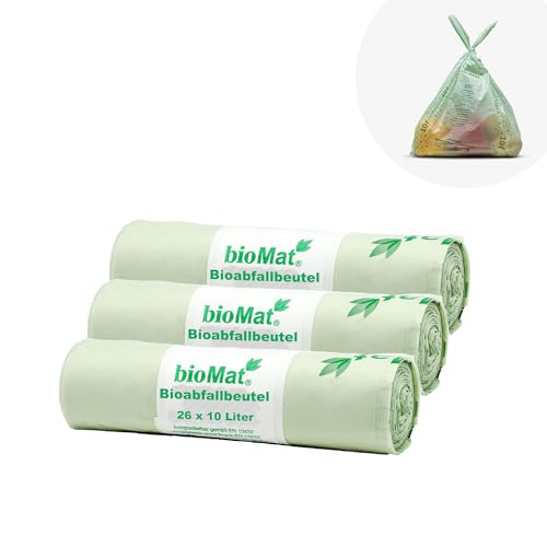bioMat Kompostierbare 10l Biomüllbeutel mit Tragegriff, 78 Tüten, Premium-Qualität, DINplus Zertifiziert, Klimaneutral, Made in Germany von bioMat
