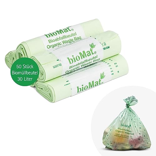 bioMat Kompostierbare 30l Biomüllbeutel, 50 Tüten, Premium-Qualität, DINplus Zertifiziert, Klimaneutral, Made in Germany von bioMat