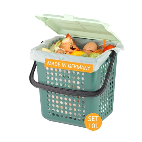 bioMat AirBox® Biomülleimer für die Küche, inkl. 10l kompostierbare Biobeutel (52 STK. mit Henkel), Komposteimer mit perforiertem Deckel von bioMat