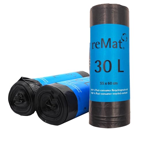 reMat Müllbeutel 30l aus 100% Post-Consumer Recyclingmaterial (PCR), 20 Mülltüten pro Rolle, Reißfest, Geruchsneutral, Ideal für die Restmüll oder die Wertstoffsammlung von reMat