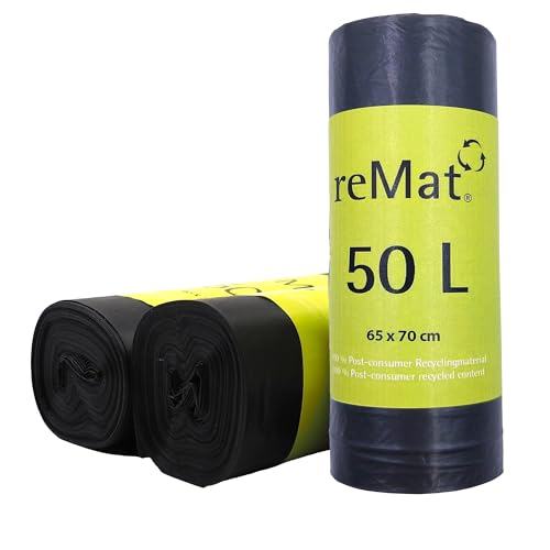 reMat Müllbeutel 50l aus 100% Recyclingmaterial (PCR), 15 Mülltüten pro Rolle, Reißfest, Geruchsneutral, Ideal für die Restmüll oder die Wertstoffsammlung von reMat
