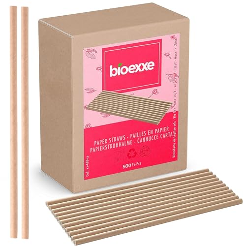 Papierstrohhalme bioexxe 500 Stück, biologisch abbaubar, für Cocktails, Schokolade, heiße und kalte Getränke von bioexxe