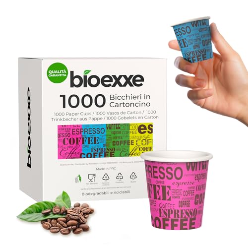 bioexxe Espresso pappbecher kaffee 75ml 1000 Stück - Biologisch abbaubare einwegbecher | kaffeebecher widerstehen Getränken bis zu 85°/90°- Kleine Größe für italienischen Espress von bioexxe