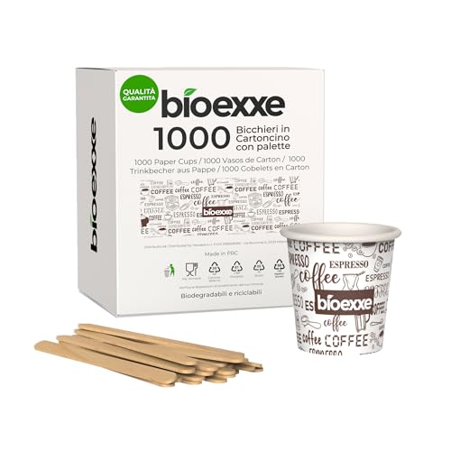 bioexxe Komplettset Espresso pappbecher kaffee 75ml 1000 Stück- 1000 Stück ökologische biologisch abbaubare Einweg-Kaffeepaletten einwegbecher Kleine Größe für italienischen Espresso von bioexxe