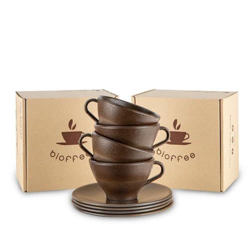 bioffee 4x Tassen Set 210ml Cappuccino Tassen Untertasse Kaffeetassen Teetasse mit Unterteller - Hergestellt aus Kaffeesatz und Biomaterial - Kaffeearoma Bio Eco Zero Waste von bioffee