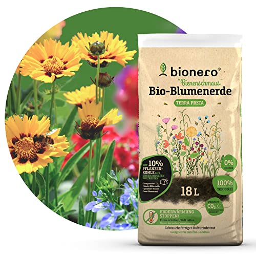 bionero® Bio-Blumenerde “Bienenschmaus” 18l, Pflanzerde torffrei, Gartenerde für Hochbeet, Universalerde für Pflanzen von bionero