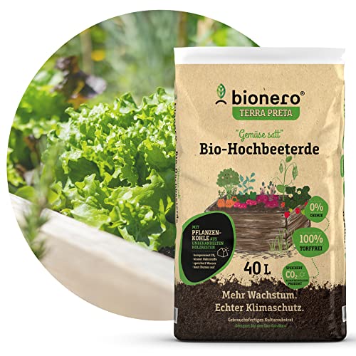 bionero® Bio-Hochbeeterde Gemüse satt 40 l Terra Preta Bodenverbesserer Schwarzerde für Gemüseanbau Hochbeet von bionero