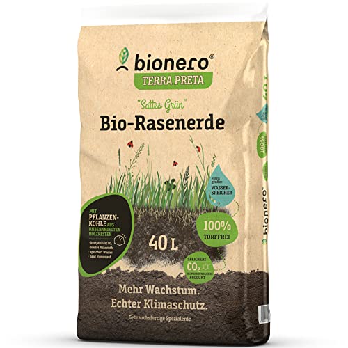 bionero® Bio-Rasenerde sattes Grün 40 l Sack Terra Preta Schwarzerde Erde Rasen Bio Rasenwachstum Torffrei von bionero