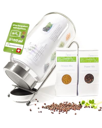 Starterpaket 3100ml mit Fitness-Mix Bio 250g & Power-Mix Bio 250g - Keimglas für Sprossen - inkl. Sprossenglas Deckel, Ständer, Sieb & Unterteller Starterpaket 3100ml mit Fitness-Mix Bio 250g & Power-Mix Bio 250g - Keimglas für Sprossen - inkl. Sprossenglas Deckel, Ständer, Sieb & Unterteller von biosprosser