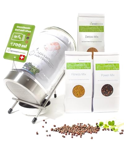 biosprosser Sprossenglas Set 1700ml mit Geschenkset - Bio Fitness-Mix & Power-Mix & Detox-Mix je 75g - Keimglas für Sprossen - inkl. Sprossenglas Deckel, Ständer & Sieb biosprosser Sprossenglas Set 1700ml mit Geschenkset - Bio Fitness-Mix & Power-Mix & Detox-Mix je 75g - Keimglas für Sprossen - inkl. Sprossenglas Deckel, Ständer & Sieb von biosprosser