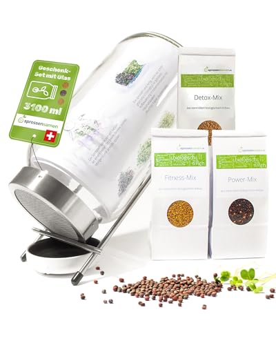 biosprosser Sprossenglas Set 3100ml mit Geschenkset - Bio Fitness-Mix & Power-Mix & Detox-Mix je 75g - Keimglas für Sprossen - inkl. Sprossenglas Deckel, Ständer & Sieb biosprosser Sprossenglas Set 3100ml mit Geschenkset - Bio Fitness-Mix & Power-Mix & Detox-Mix je 75g - Keimglas für Sprossen - inkl. Sprossenglas Deckel, Ständer & Sieb von biosprosser