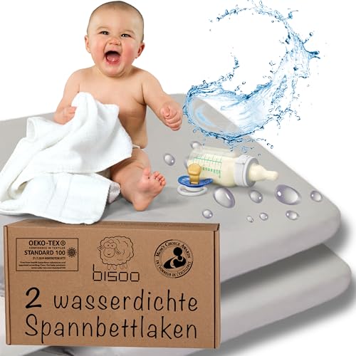 Bisoo 35x75 wasserdichte Spannbettlaken für Kinderwagen Stubenwagen Moseskörbe - Kinderwagen Matratzenbezug - 2in1 Spannbettlaken Matratzenschoner 100% Baumwolljersey Öko-Tex - 2 Stück Set Grau von bisoo