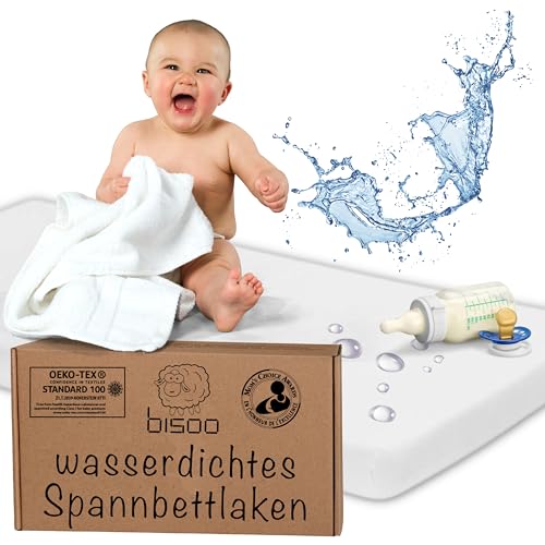 Bisoo 70x130 cm für Babybett Kinderbett Wiege - 2in1 wasserdichte Spannbettlaken - Spannleintuch + Wasserfester Matratzenschoner - 100% Jersey Baumwolle Oeko-Tex (130x70 cm Weiß) von bisoo