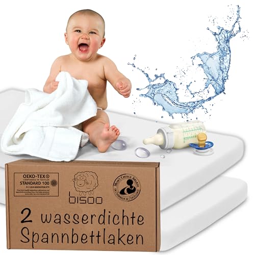 Bisoo 70x130 für Babybett Kinderbett - 2 Stück Set Weiß - 2in1 Wasserfester Matratzenschoner Spannbettlaken - Spannleintuch + wasserdichte Matratzenschoner - 100% Baumwolle Jersey Oeko-Tex Zertifikat von bisoo