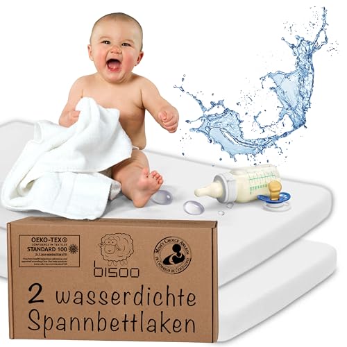 Bisoo Spannbettlaken 60x120 Baby - Matratzenschoner 60x120 Baby Wasserdicht Bettlaken für Babybett Wiege 100% Baumwolljersey Öko-Tex Zertifikat - wasserdichte Spannbetttuch 120x60 2 Stück Set Weiß von bisoo