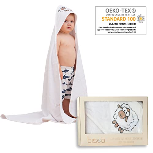 bisoo XL Kapuzenhandtuch Baby - Baby Handtuch mit Kapuze 100x100 cm - Großes Baby Badetuch für Neugeborene - Kaputzenhandtücher mit Stickerei von Schaf - 100% Baumwolle Oeko-Tex Zertifikat (Weiß) von bisoo