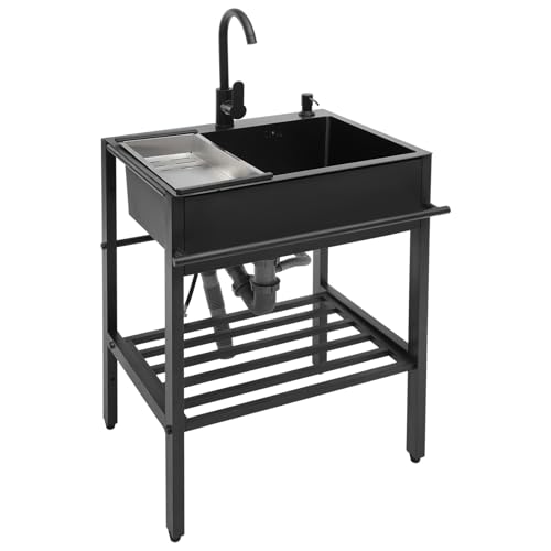Spülbecken Freistehende Edelstahl Spültisch Waschbecken Ausgussbecken Schwarz Küchenspüle 1 Becken Küchenorganisation Spüle mit Wasserhähne, Seifenspender, Abtropfkorb von biusgiyeny