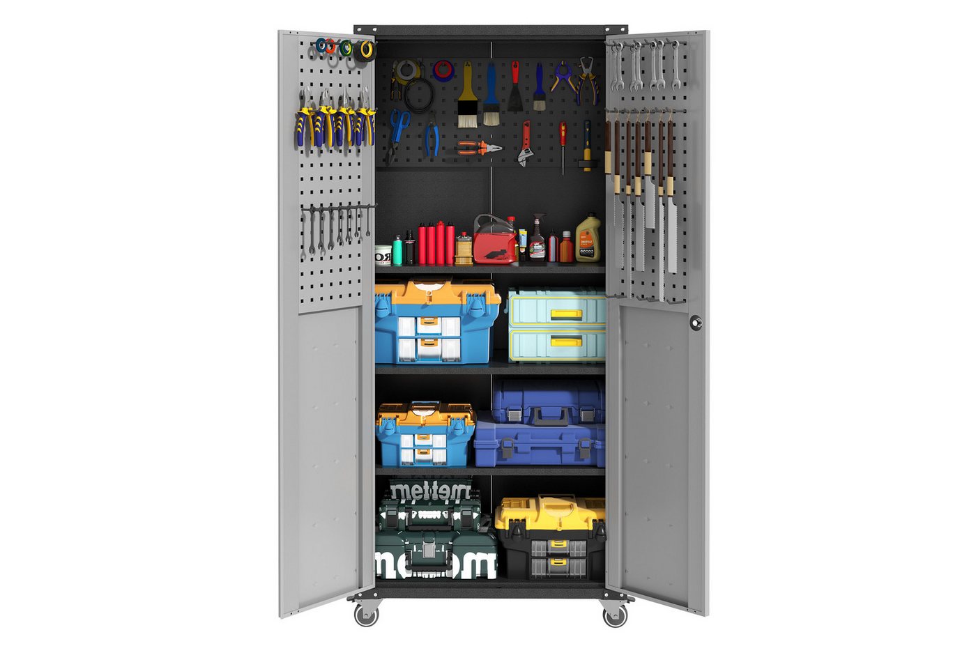 bizoemade Werkzeugschrank H180cm Heavy-Duty Metall-Garagen-Schrank mit Rollen (1-St) mit 3 Regalböden & Doppeltüren, 180x80x40cm von bizoemade