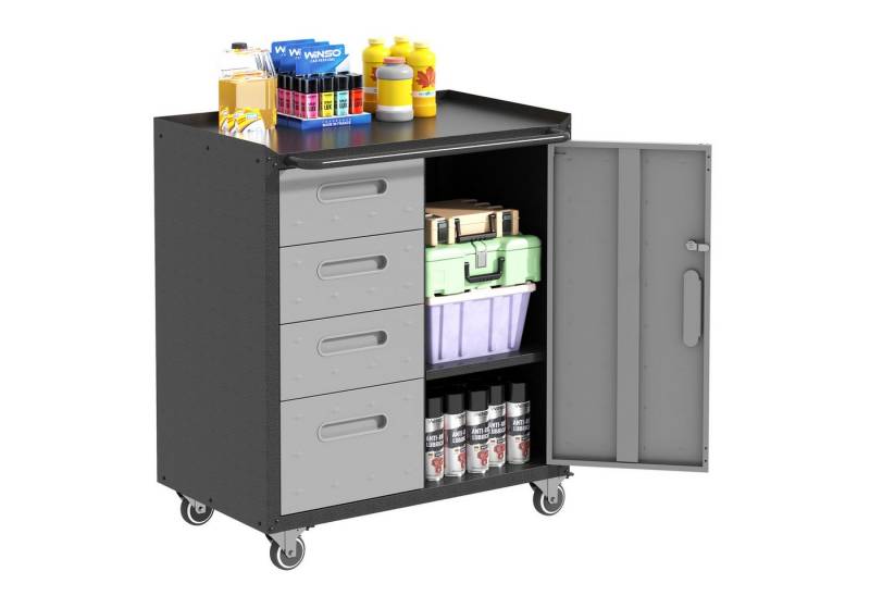 bizoemade Werkzeugschrank Stabiler Metall-Werkzeugschrank mit Rollen, 4 Schubladen und 1 Tür (1-St) 88x75x42cm – für Garage/Büro/Haushalt von bizoemade