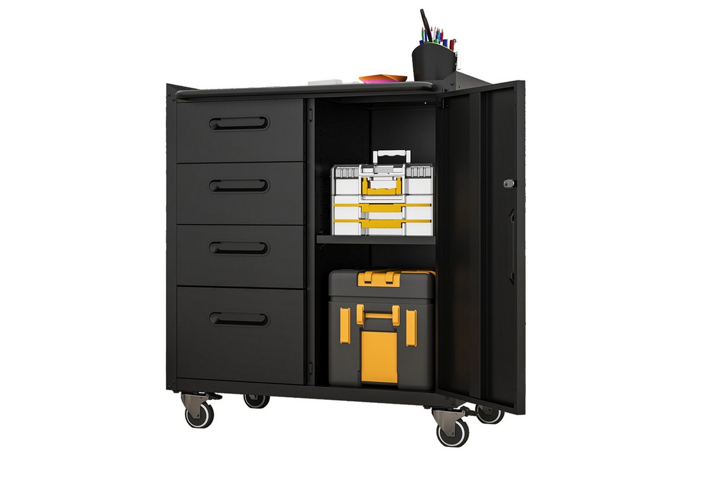 bizoemade Werkzeugschrank Stabiler Metall-Werkzeugschrank mit Rollen, 4 Schubladen und 1 Tür (1-St) 88x75x42cm – für Garage/Büro/Haushalt von bizoemade