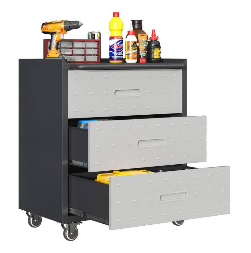 bizoemade Werkzeugwagen Heavy-Duty 3-Schubladen Tool-Cabinet Metall, mit Rollen, Grau-Schwrz, max. Traglast:90 kg, (1-tlg), Schwerer Metall-Werkzeugwagen 88x75x42cm von bizoemade