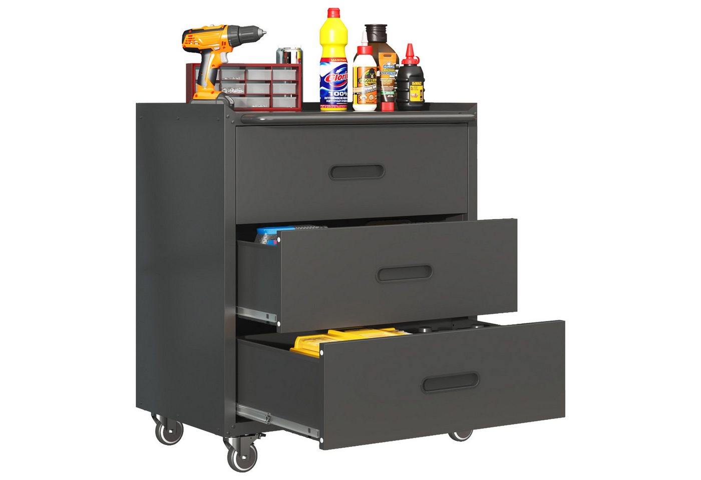 bizoemade Werkzeugwagen Heavy-Duty 3-Schubladen Tool-Cabinet Metall, mit Rollen, Schwarz, max. Traglast:90 kg, (1-tlg), Schwerer Metall-Werkzeugwagen 88x75x42cm von bizoemade