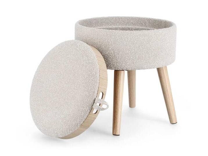 Bizzotto Hocker Zoya aus Bouclè-Stoff, Hellgrau, Mit einem Tablett aus Eschenholz, grau, Hellgrau, Hellgrau von bizzotto