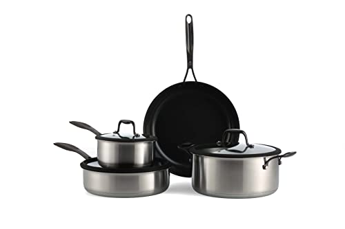 BK Ceramic Black Stainless Steel 7-teiliges Edelstahl-Kochgeschirr-Set mit PFAS-Frei keramischer Antihaftbeschichtung, Bratpfanne, Kasserolle, Stieltöpfe, Induktion,spülmaschinen- und ofenfest,schwarz von BK