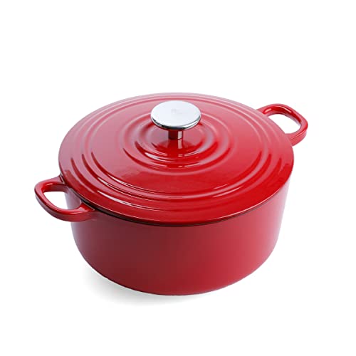 BK Cookware Bourgogne emailliertes Gusseisen 26cm/5.3L Dutch Oven Topf mit Deckel, induktionsgeeignet, runde Kasserolle zum Backen, Schmoren, Eintöpfe, Chili Rot von BK