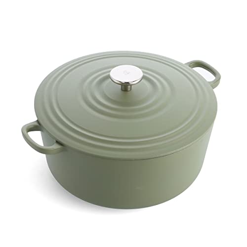 BK Cookware Bourgogne emailliertes Gusseisen 28cm/6.7L Dutch Oven Topf mit Deckel, induktionsgeeignet, runde Kasserolle zum Backen, Schmoren, Eintöpfe, olivgrün von BK